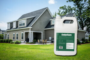 Backyard picture of a green home with a product image of CedarCure on right half of picture